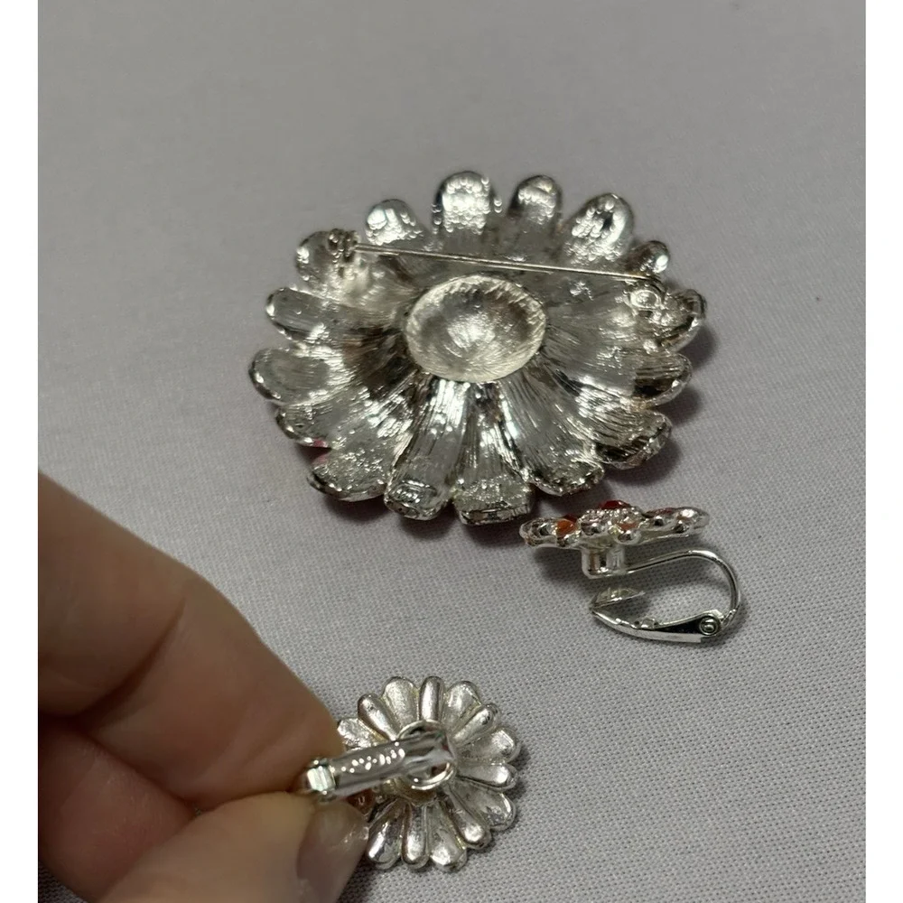 Vintage Orange Pink Rhinestone Flower Pin‎ Clip On Earring Set Colorful Spring